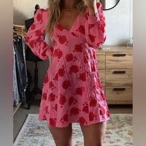 Crystal Doll Hot Pink & Red Long Sleeve Strappy Back V-Neck Floral Dress Size M